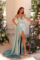 Long V Neck Off The Shoulder Mermaid Split Draped Front Beads Floor Length Prom Dress