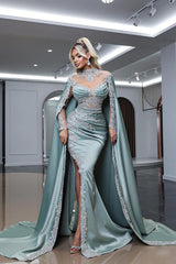 Long Sleeve High Neck Split Side Mermaid Appliques Satin Prom Dress with Cape