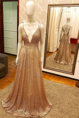 Long V-neck Sequined A-line Open Back Sleeveless Prom Dress