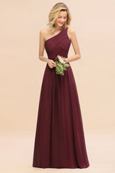 Elegant A-line Chiffon Ruffles One Shoulder Long Bridesmaid Dress