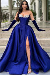 Royal Blue Long Sweetheart Satin Beaded Prom Dresses with Slit