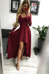 Unique A-line Sweetheart Backless Long Sleeve Appliques Lace High Low Party Dresses