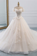 Long Ball Gown Off the Shoulder Tulle Wedding Dress with Appliques Lace