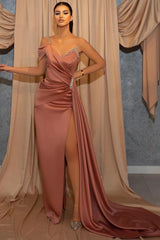 Elegant Long Mermaid One Shoulder High Slit Satin Formal Evening Dress