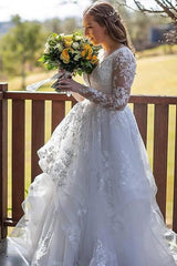 Modest Long A-line V-neck Tulle Lace Wedding Dresses with Sleeves