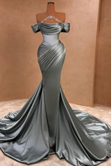 Long Halter Off The Shoulder Mermaid Satin Beaded Prom Dress with Train