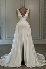 White Long Mermaid V-neck Satin Court Train Prom Dresses with Slit