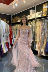 Sweetheart Long Sleeve Off the Shoulder Appliques Lace Tulle Mermaid Prom Dress