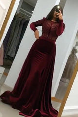 Long Sleeve Appliques Lace Ruffles Velvet Mermaid Formal Evening Dress