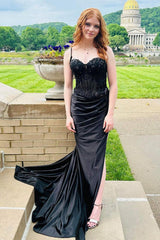 Black Spaghetti Straps Sleeveless Mermaid Evening Dress with Split