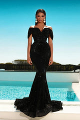 Black Sweetheart Sequins Mermaid Off The Shoulder Long Prom Dress