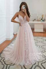 Long A-line Ruffles Open Back Tulle Lace Wedding Dress