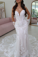 Boho Strapless Long Mermaid Wedding Dress with Train