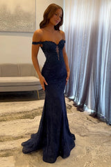 Dark Navy Long Mermaid Off the Shoulder Lace Prom Dress