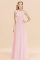 Elegant Long A-line Halter Chiffon Blushing Pink Bridesmaid Dress