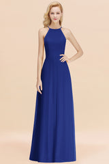 Elegant Long A-line Halter Chiffon Royal Blue Bridesmaid Dress