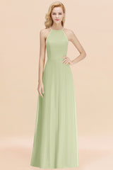 Elegant Long A-line Halter Chiffon Sage Bridesmaid Dress