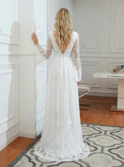 Elegant Long Sleeves A-line V-Neck Tulle Wedding Dresses