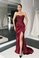Elegant Mermaid Sweetheart Sleeveless Satin Appliques Long Prom Dress with Split