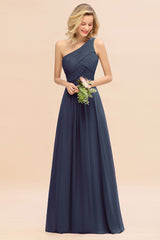 Elegant Stormy A-line Chiffon Ruffles One Shoulder Long Bridesmaid Dress
