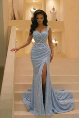 Sweetheart Sequined Straps Long Mermaid Prom Dress with High Split