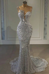 Long Mermaid Sweetheart Tulle Sequin Formal Prom Dress