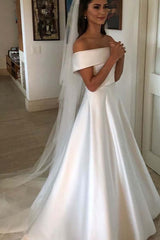 Long Off the Shoulder Covered Button A-line Satin Wedding Dresses