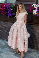 Pink Flowers Jewel A-Line Tea Length Prom Party Dress