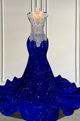 Royal Blue Long Mermaid V-neck Sequined Formal Prom Dresses