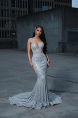 Sexy Long Mermaid Sweetheart Sleevelesss Sequined Prom Dress
