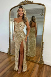 Sparkly Gold Sweetheart Long Mermaid Sequined Prom Dress with Slit