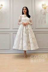 Elegant A-line High Neck Lace Formal Evening Dress with Sleeves