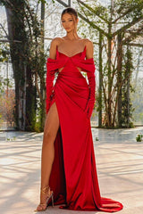 Red Long Sweetheart Satin High Split Mermaid Evening Dress with Sleeves