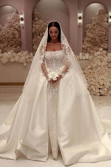 Gorgeous Long Off the Shoulder Lace Satin Wedding Dresses with Sleeves