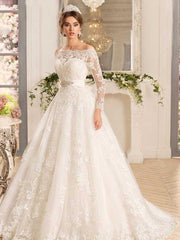 Long A-line Off the Shoulder Tulle Lace Ruffles Wedding Dresses