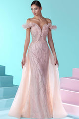 Unique Mermaid Off the shoulder V-neck Tulle Beading Long Prom Dresses