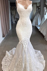 Elegant Long Sweetheart Open Back Appliques Lace Tulle Mermaid Wedding Dress