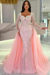 Long Sleeve Sweetheart Appliques Lace Mermaid Formal Dresses with Detachable Train