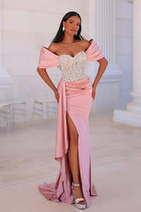 Mermaid Off The Shoulder Split Side Long Satin Prom Dress with Beads