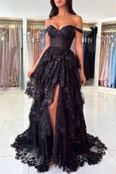 Off The Shoulder Sweetheart Lace A-Line Long Prom Dress with Slit