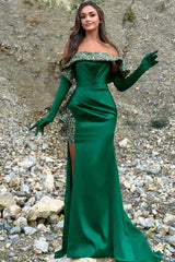 Mermaid Long Dark Green Off The Shoulder Satin Prom Dress with Split Side