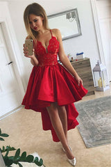 Simple Red High Low A-line V-neck Satin Prom Dress