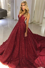 Long V-neck Sequined Sleeveless Prom Dress