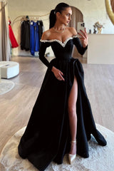 Long Sleeves A-Line Off The Shoulder Beaded Prom Dress with Split Front