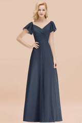 Elegant V Neck Short Sleeves Chiffon A-line Long Stormy Bridesmaid Dress