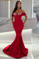 Burgundy Mermaid Off the Shoulder Sweetheart Satin Beading Long Prom Dress