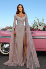 Glitter Long Sleeves Sweetheart Sequined Formal Evening Dresses