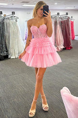 Short A-line Appliques Lace StraplessMulti-Layers Homecoming Dress