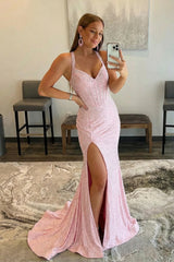 Long Pink Sleeveless Halter Sequined Mermaid Prom Dress