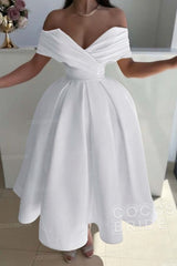 Off the Shoulder A-Line Satin Prom Dress with Pleated